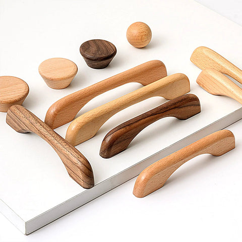 Wooden cabinet handles and knobs in various finishes, including Two Solid Wood Dark Walnut Cabinet Pulls 126mm Overall Length 96mm Center to Center Mounting 12mm Width Durable Simple Modern Design for Cabinets Cupboards Doors Drawers Dressers and Shoe Cabinets with Smooth Surface Finish, displayed on a white surface.