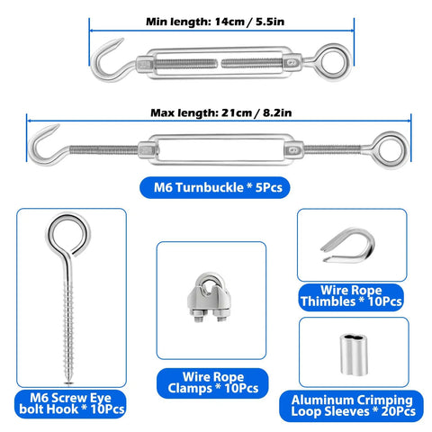 Heavy Duty One Eighth Inch Stainless Steel Wire Rope Kit showing M6 turnbuckles, thimbles, U-bolts, and sleeves