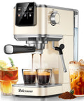 Pro Level Home Barista Vibes 20 Bar Espresso Maker With Swift Milk Frother And Bright LCD Screen dispensing espresso shots.