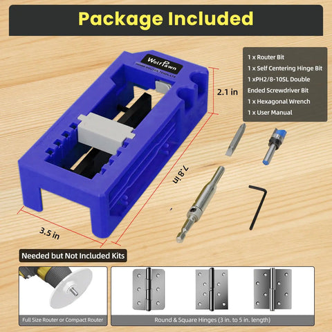 No Sweat Adjustable Door Hinge Jig And Master Router Mortise Template With Solid Clamping Base, tools and components displayed.