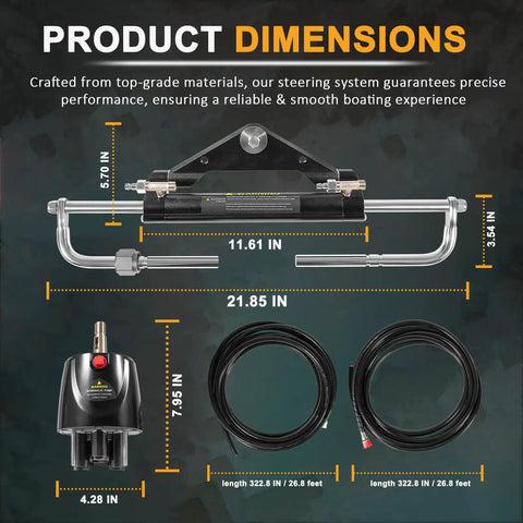 Product dimensions of Hydraulic Outboard Steering Kit For 150HP Boats With 6.9 MPa Helm Pump displayed in diagram