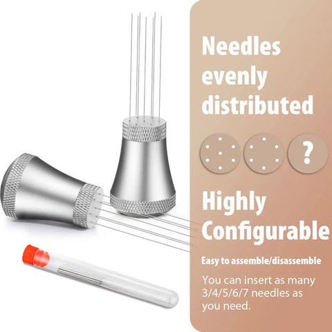 Pro Espresso Distribution Tool For Baristas With Fourteen Needles Kit, 0.35mm Diameter, stainless steel needles, aluminum handle.