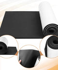 Top Shelf Closed Cell Neoprene Foam Sheets With Adhesive Backing For Kick Butt Shock Absorption And Waterproof Indoor Outdoor Insulation In Classic Black 59x12x1/16 Inch displayed rolled and flat to show adhesive backing.