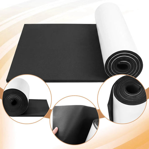 Top Shelf Closed Cell Neoprene Foam Sheets With Adhesive Backing For Kick Butt Shock Absorption And Waterproof Indoor Outdoor Insulation In Classic Black 59x12x1/16 Inch displayed rolled and flat to show adhesive backing.