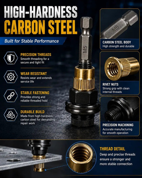 Heavy-Duty Auto Rivet Nut Tool Kit M3-M8 With Interchangeable Heads And Adapters In Carbon Steel For Quick Pro-Grade Fastening On Cars And DIY Projects. M5 carbon steel rivet nut tool with threaded insert and M5 head shown in close-up.