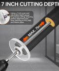 Inside PVC Pipe Cutter Kit With 7 Inch Depth Gauge Adjustable Cutting Tool For Narrow Spaces Includes Five Saw Blades And Hex Shank Pro Grade DIY Friendly Plumbing Internal Plastic PVC ABS Cutter Set, showing 7 inch cutting depth in action.