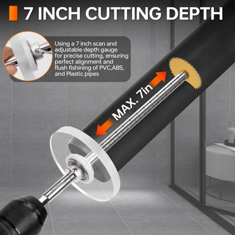 Inside PVC Pipe Cutter Kit With 7 Inch Depth Gauge Adjustable Cutting Tool For Narrow Spaces Includes Five Saw Blades And Hex Shank Pro Grade DIY Friendly Plumbing Internal Plastic PVC ABS Cutter Set, showing 7 inch cutting depth in action.