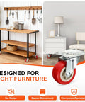 Four Pack Of 2.5 Inch Red Pvc Swivel Caster Wheels With Silent 360 Ball Bearings For Heavy Duty Furniture Carts And Utility Dollies Rolls Out Smooth And Zero Drag On Tile Or Hardwood Floors on a wooden utility cart.