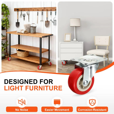 Four Pack Of 2.5 Inch Red Pvc Swivel Caster Wheels With Silent 360 Ball Bearings For Heavy Duty Furniture Carts And Utility Dollies Rolls Out Smooth And Zero Drag On Tile Or Hardwood Floors on a wooden utility cart.