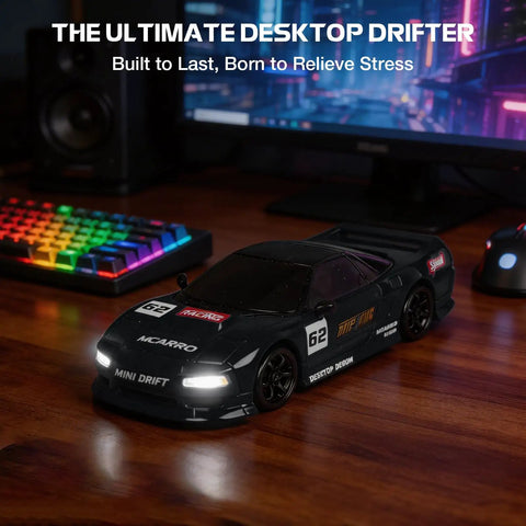 Black 1 To 64 Scale Mini RC Drift Car With LED Lights on wooden desk, computer and keyboard in background, emphasizing indoor use