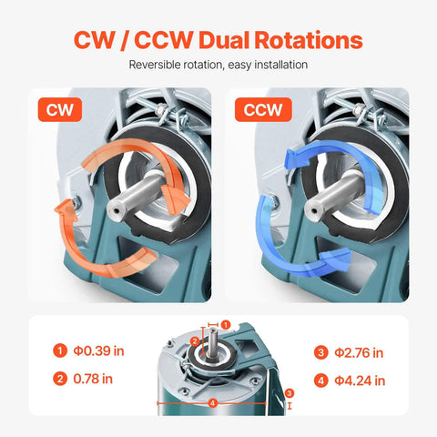 Diagram showing reversible CW CCW rotation feature of Half Horsepower Furnace Blower Motor With Belt Drive, 1720 RPM, 115 V