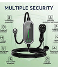Premium 3600W Portable EV Charger With Smart App Control And 33 FT Type 2 To J1772 Cable displaying multiple security features.