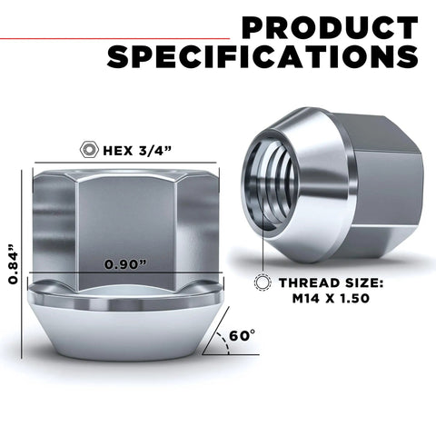 M14x1.5 Open End Bulge Acorn Lug Nut 60 Degree Conical Seat Three Quarters Inch Hex 0.84 Inch Height 0.90 Inch Diameter Cold Forged Carbon Steel