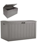 134-Gallon Extra Large Outdoor Deck Box With Pad Lockable Lid, shown closed and open, heavy-duty resin construction, modern design.