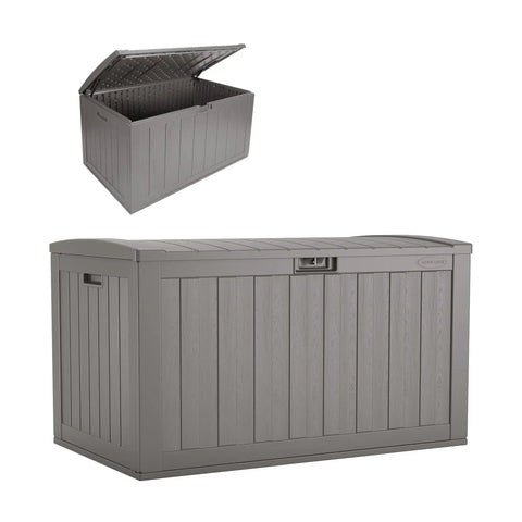 134-Gallon Extra Large Outdoor Deck Box With Pad Lockable Lid, shown closed and open, heavy-duty resin construction, modern design.