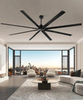 96 Inch HVLS Industrial Ceiling Fan With Over 18,000 CFM installed in modern living room, showing 8 aluminum blades and black finish