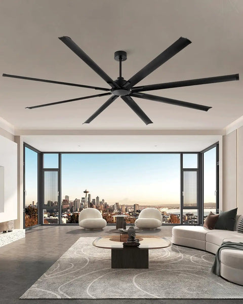 96 Inch HVLS Industrial Ceiling Fan With Over 18,000 CFM installed in modern living room, showing 8 aluminum blades and black finish