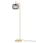 Etched Glass Floor Lamp With Brushed Brass Finish Smoke, Retro Vibe Meets Mid Century Modern Style, Slim Stem Design, On Off Foot Switch