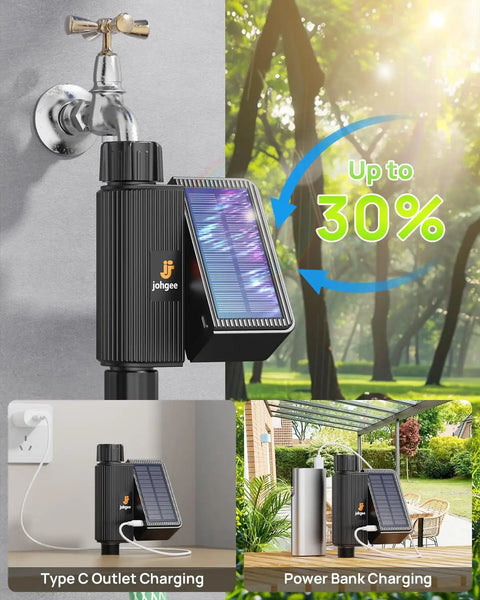 Solar Powered WiFi Sprinkler Timer With Rain Delay Manual And Automatic Modes, Alexa And Smart Life App Control on garden tap.