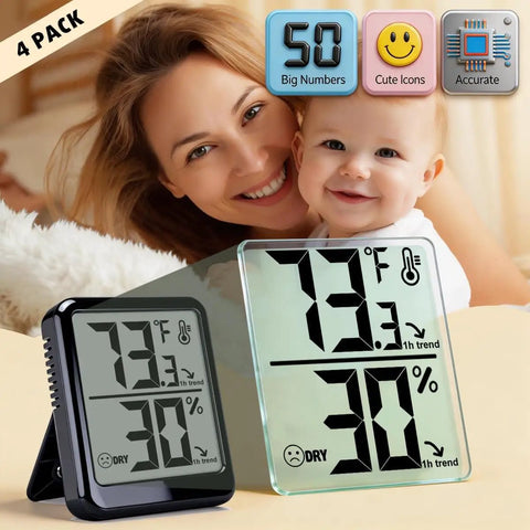 4 Pack Room Thermometer Indoor Hygrometer Humidity Gauge Meter With High Accuracy Temperature And Humidity Monitor Wet Ok Dry Icons For Easy Read Humidity Levels Perfect For Home Office Kitchen Nursery And Garage, 4-pack digital units