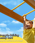Child using monkey bars on Wooden Backyard Playset With Monkey Bars And Wave Slide For Kids Ages 3 To 6 Includes 2 Belt Swings Climbing Ladder