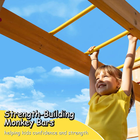 Child using monkey bars on Wooden Backyard Playset With Monkey Bars And Wave Slide For Kids Ages 3 To 6 Includes 2 Belt Swings Climbing Ladder