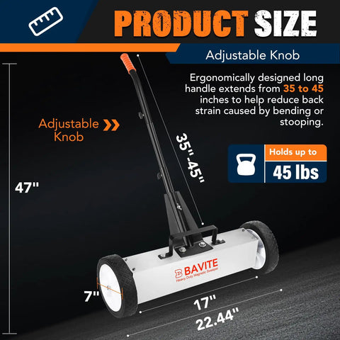 Heavy Duty 45 Pound Magnetic Nail Sweeper With Rollin Wheels Telescopic 17 Inch Broom Large Nail Finder Magnet Tool For Yard Cleanup Quick Nail Pickup Pro Grade Adjustable Handle For Home Projects