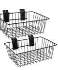 Slatwall Storage Baskets 2 Pack Matte Black Metal Wire Organizer Bins For Wall Panels 11.75 In Wide By 7.875 In Deep By 4 In High Tool Free Mounting Scratch Resistant Finish Durable Slatwall Organizer