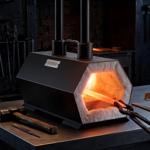 Portable Two Burner Propane Forge For Blacksmithing And Knife Making, Reaches 2600 F, glowing with metal inside