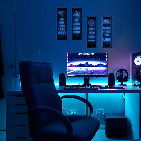Glow In The Dark Gamer Wall Decals Four Piece Set Featuring Joystick Controller Stickers for boy bedroom, glowing in blue