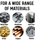 Image showing materials for M36 X 1.5 Carbon Steel Hex Rethreading Die: metal pipe, aluminum, cast iron, brass, copper, plastic.