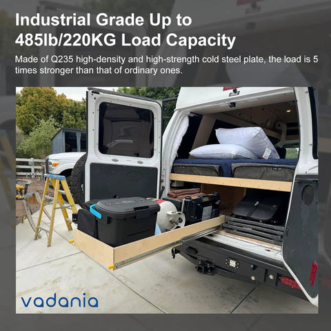 20 Inch Industrial Grade Heavy Duty Drawer Slide With Lock For Side Mount in a van storage setup