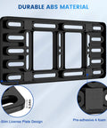 Front License Plate Bracket Holder With Two Drill Mount Holes, ABS material, universal fit for 12 by 6 inch plates, close-up view.