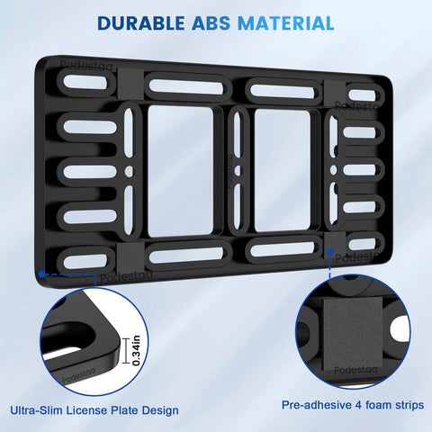 Front License Plate Bracket Holder With Two Drill Mount Holes, ABS material, universal fit for 12 by 6 inch plates, close-up view.