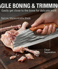 Do It All Hand Forged Chef Knife And Cleaver Set with carbon steel blade slicing chicken on wooden board