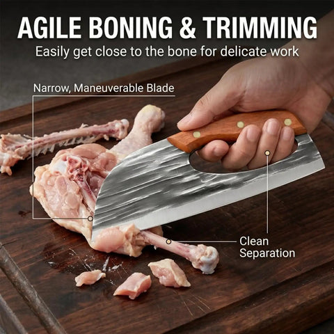 Do It All Hand Forged Chef Knife And Cleaver Set with carbon steel blade slicing chicken on wooden board