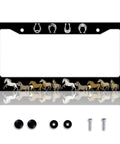 Cool Horseshoe License Plate Frame Personalize Stainless Steel 6x12 Inch Two Holes With Screws For USA And Canada Standard License Plates Durable Weatherproof Funny Design, featuring decorative horseshoes and horses on black frame with included screws