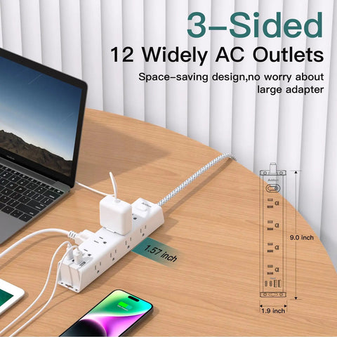 Power Strip With 12 Wide Outlets And 4 USB Ports, 10 Ft Flat Plug Extension Cord, Wall Mountable Surge Protector on desk