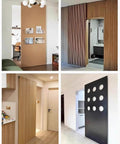 Hidden Sliding Mirror Closet Door Track Kit For Narrow Openings, installed in various modern home settings, barn style hardware visible.