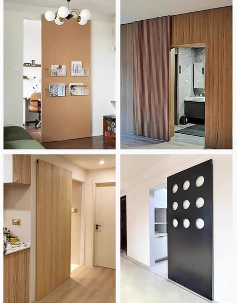 Hidden Sliding Mirror Closet Door Track Kit For Narrow Openings, installed in various modern home settings, barn style hardware visible.
