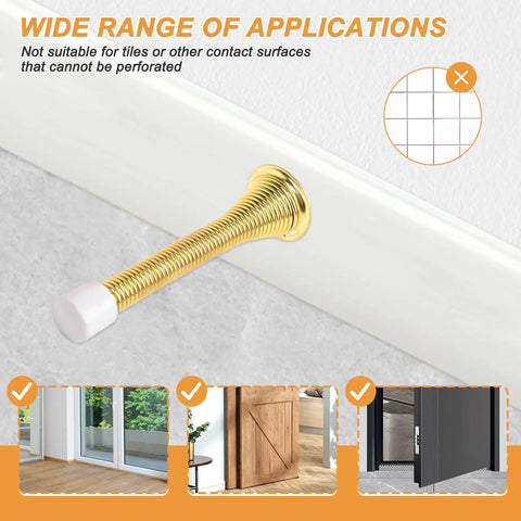 Spring Door Stoppers 12 Pack Wall Protectors For Inside Doors With 6 Rubber Bumpers Gold Finish Elastic Steel Spring Design Keeps Doors From Slamming Dents Ideal For Home And Office shown on wall