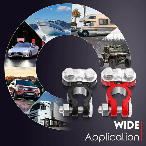 Color Coded Battery Terminals Top Post Connectors Set with anti-corrosion felt washers for cars trucks boats RVs shown against vehicles
