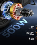Close-up of 500W peak motor for Folding Electric Bike For Adults And Teens Portable 14 Inch Commuter Ebike with performance details