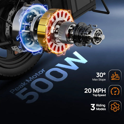 Close-up of 500W peak motor for Folding Electric Bike For Adults And Teens Portable 14 Inch Commuter Ebike with performance details
