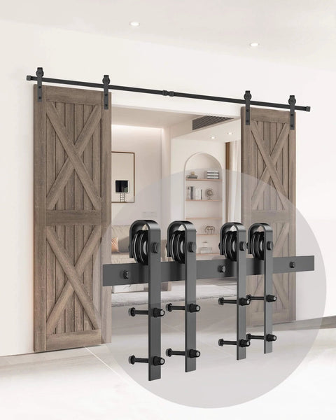 Eight Foot Double Barn Door Hardware Kit With Silent Sliding Rails installed on wooden doors in a modern room