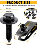 Knockout Quality 60 Piece 1/4 Inch U Nut Clips And Hex Head Auto Body Bolt Kit With Rust Proof Black Phosphate Protective Finish For Seamless Fender Installation, showing detailed size measurements and components.