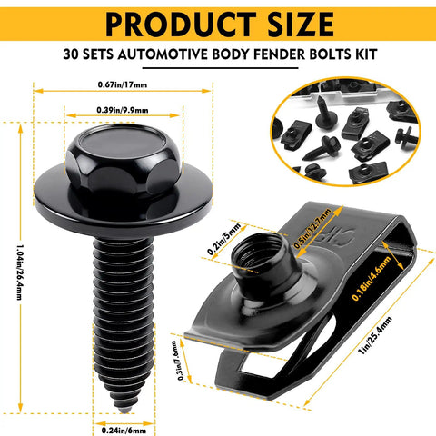 Knockout Quality 60 Piece 1/4 Inch U Nut Clips And Hex Head Auto Body Bolt Kit With Rust Proof Black Phosphate Protective Finish For Seamless Fender Installation, showing detailed size measurements and components.