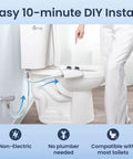 Dual Nozzle Bidet Attachment For Toilet Seat No-Fuss Non-Electric Easy Slide-In Install shown on a white toilet