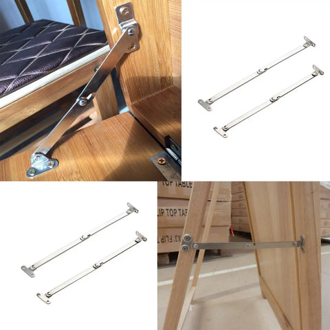 Heavy Duty Two Pack Folding Lid Support Hinges Built Tough Stainless Steel Brackets on furniture, showing various angles and installation.