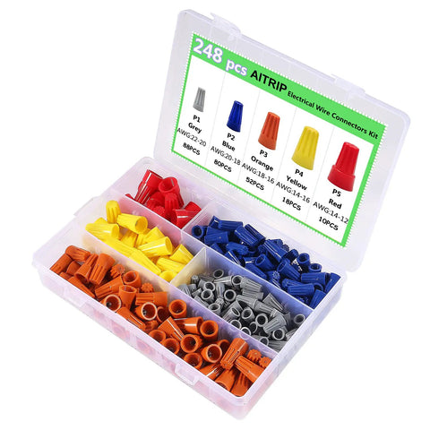 248 Piece Pro Grade Wire Connectors Set With Insulating Twist Caps And Spring For Grab And Go Quick Electrical Connections Color Coded Five Sizes In Grey Blue Orange Yellow Red in storage box